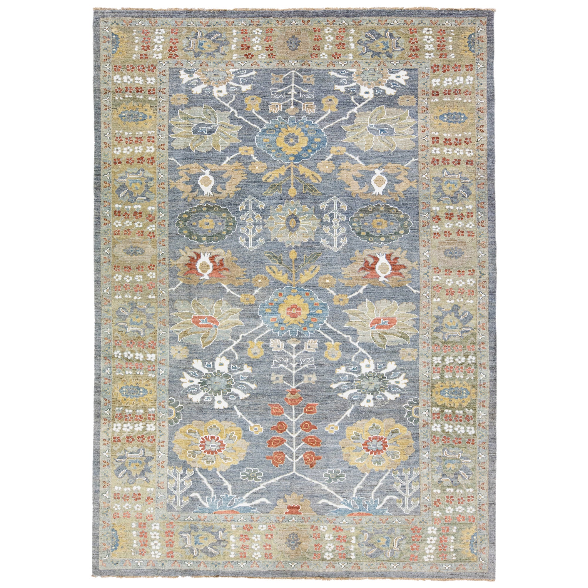 Contemporary Sultanabad Blue Handmade Floral Motif Wool Rug