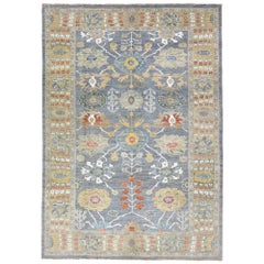 Contemporary Sultanabad Blue Handmade Floral Motif Wool Rug