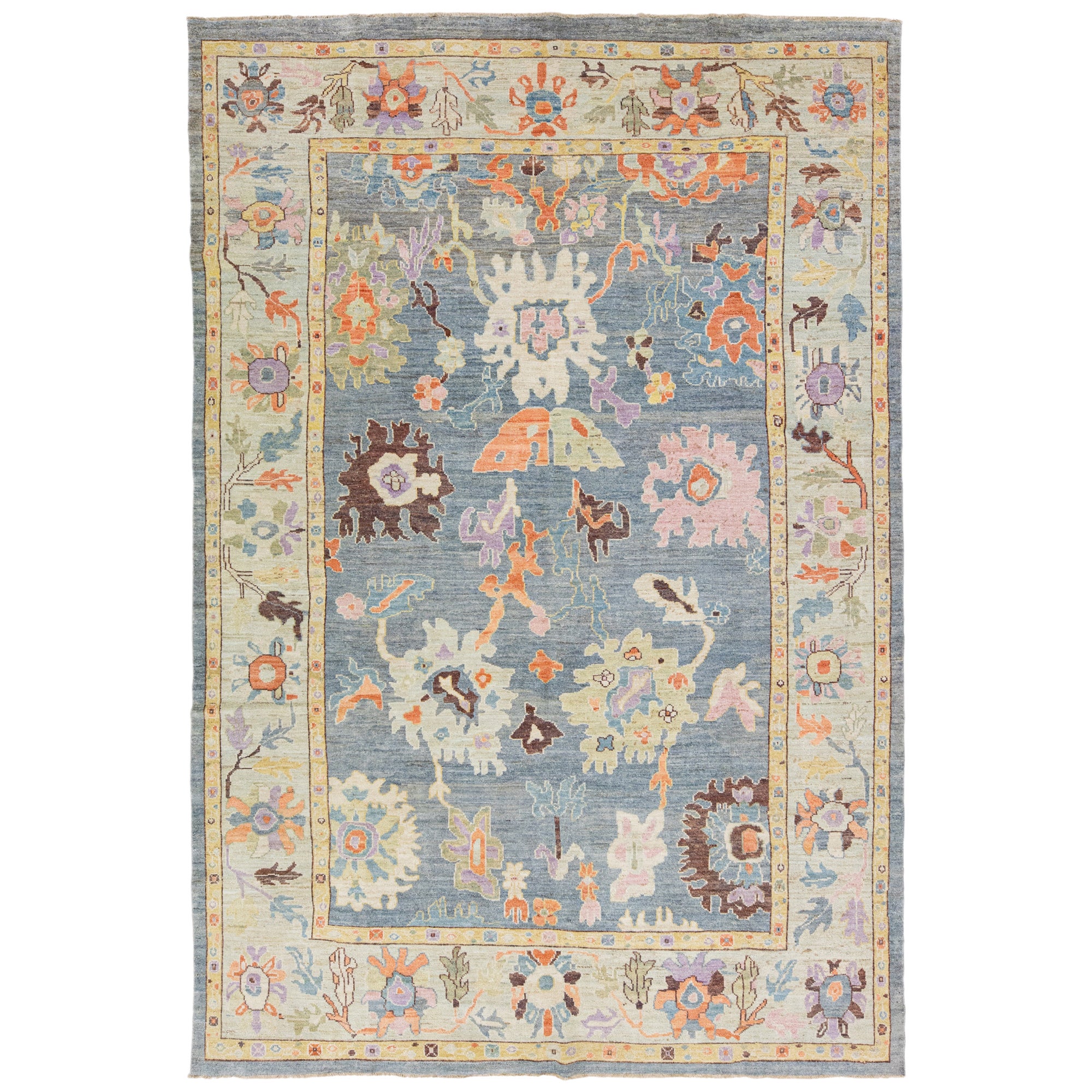 Modern Sultanabad Handmade Floral Design Blue Wool Rug