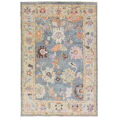 Modern Sultanabad Handmade Floral Design Blue Wool Rug