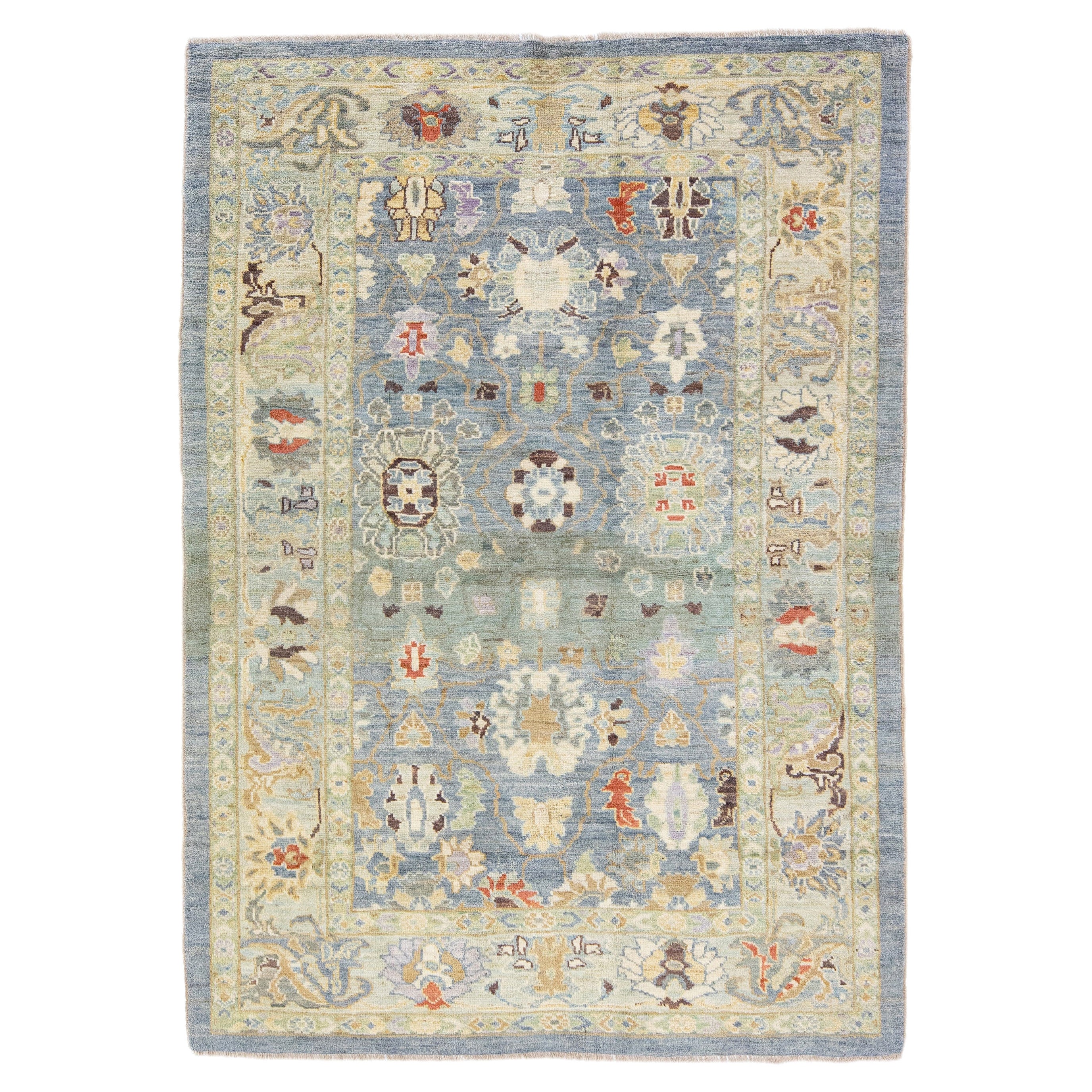 Blue Modern Sultanabad Handmade Floral Pattern Wool Rug For Sale