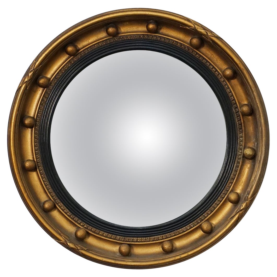 Round Convex Wall Mirror Turned Cream Wood Frame with Gilt Detail, Ca