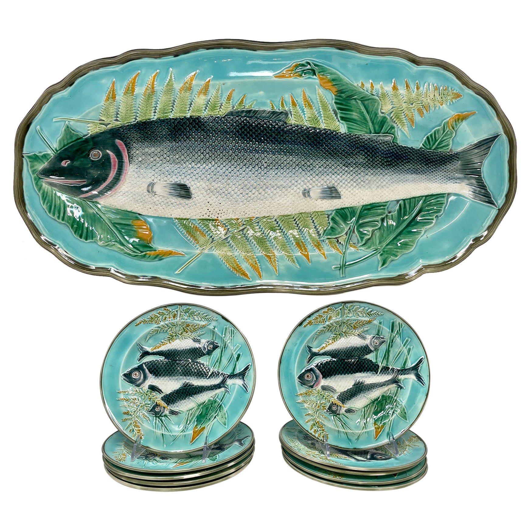 Antique 19th Century English Wedgwood Majolica Fish Set, 1 Platter and 10 Plates