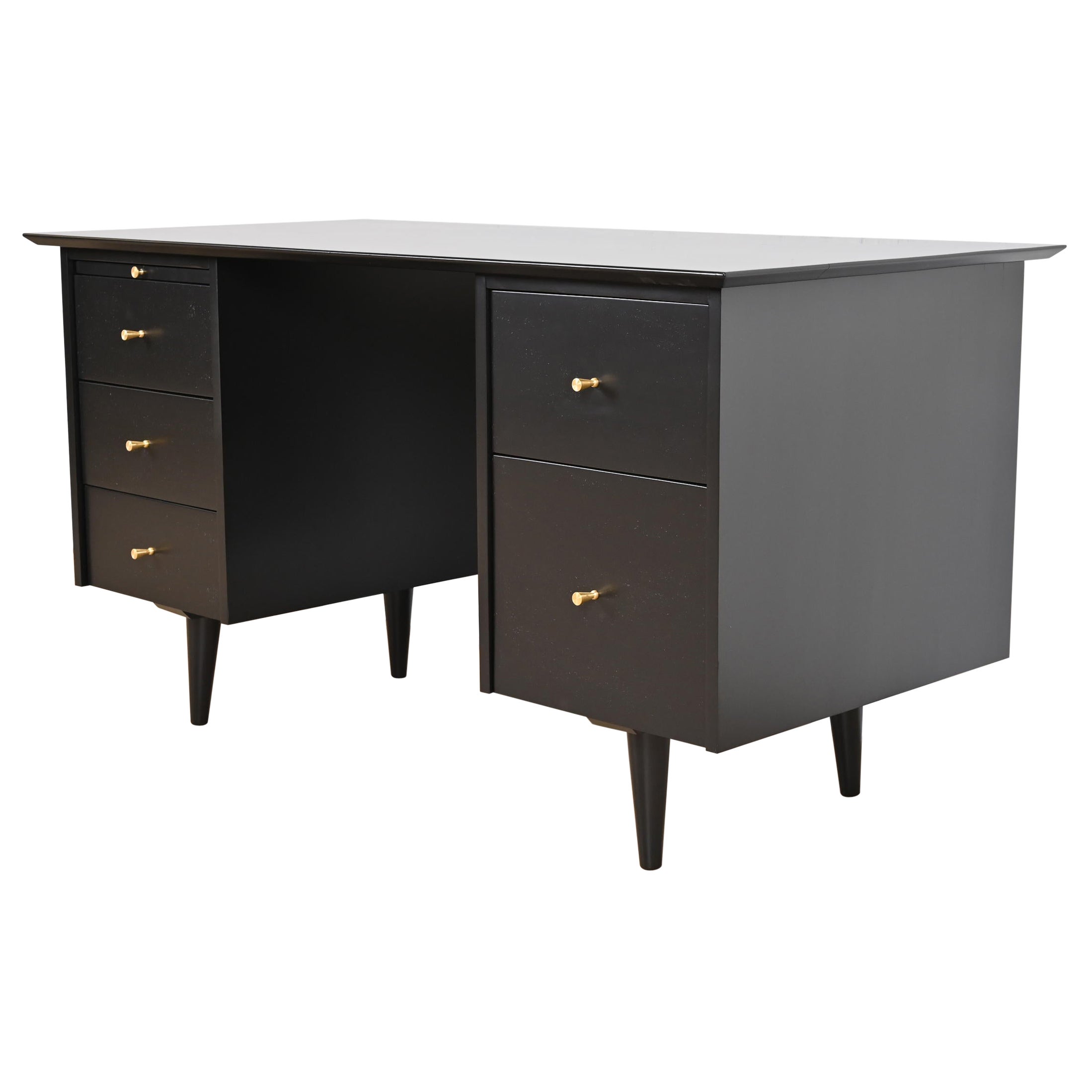 Paul McCobb Planner Group Black Lacquered Double Pedestal Desk, Newly Refinished