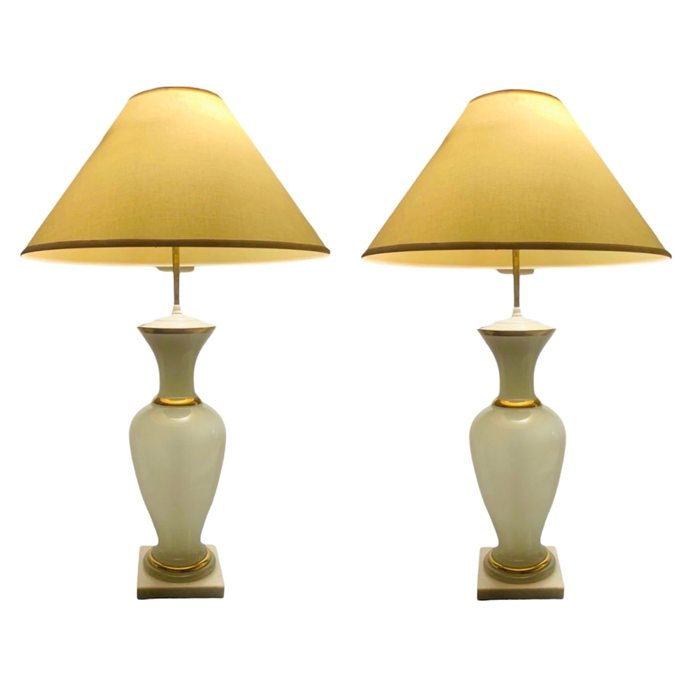 Large French Opaline Glass Table Lamps on Marble Plinth Bases, a Pair, ca. 1900 at 1stDibs