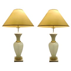 Antique Large French Opaline Glass Table Lamps on Marble Plinth Bases, a Pair, ca. 1900