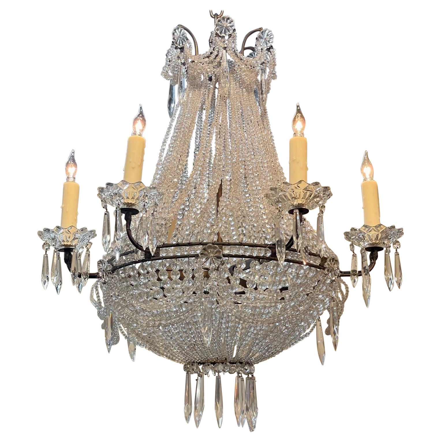 French Beaded Crystal Basket Chandelier For Sale