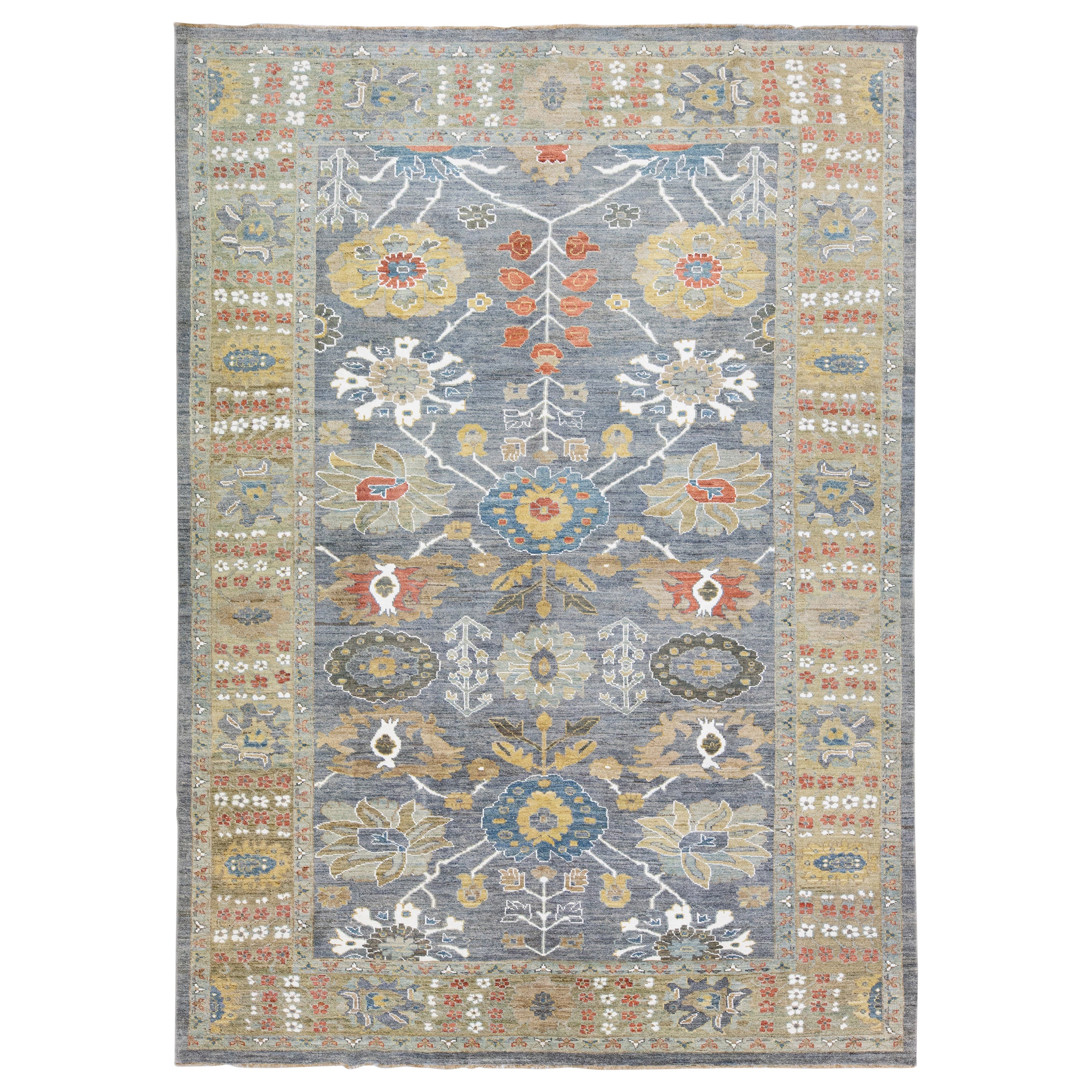 Alfombra contemporánea de lana con motivos florales hecha a mano en azul de Sultanabad Rugs