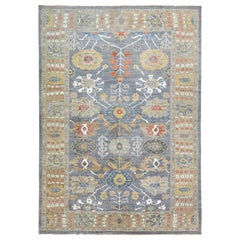 Tapis contemporain en laine bleu Sultanabad à motifs floraux faits à la main