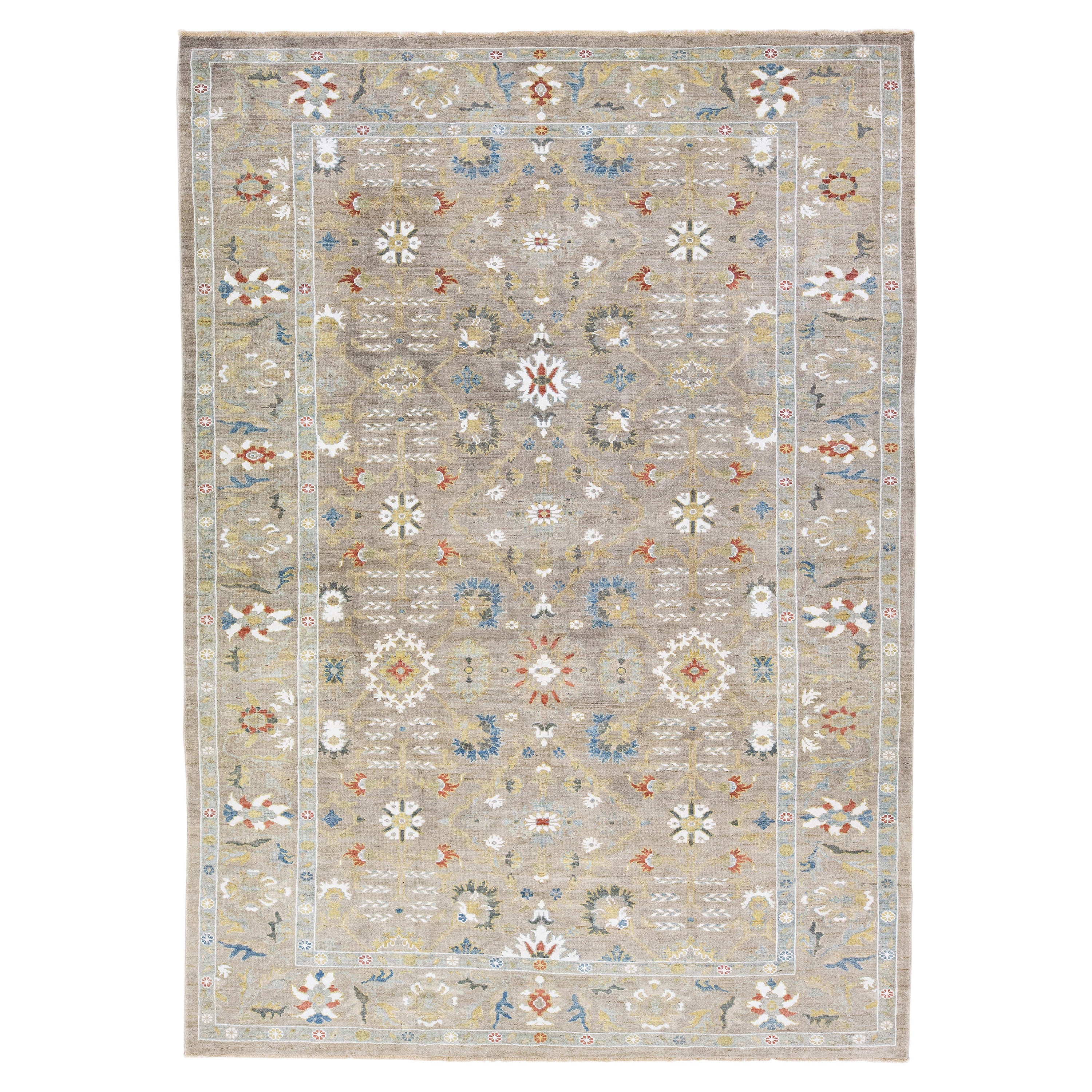 Light Brown Contemporary Sultanabad Handmade Floral Design Wool Rug For Sale