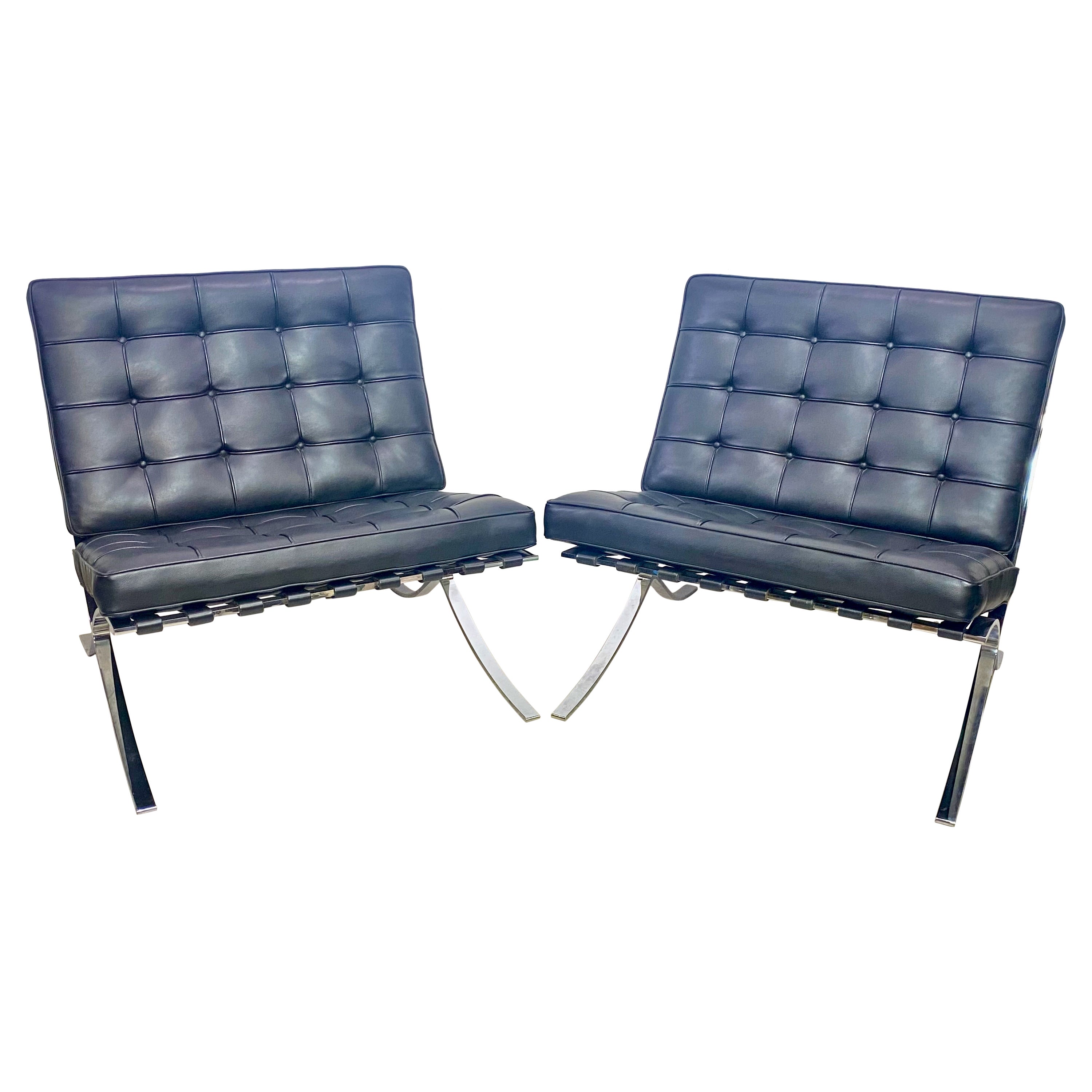 Pair Italian Leather and Polished Steel Barcelona Lounge Chairs, 4 Available For Sale