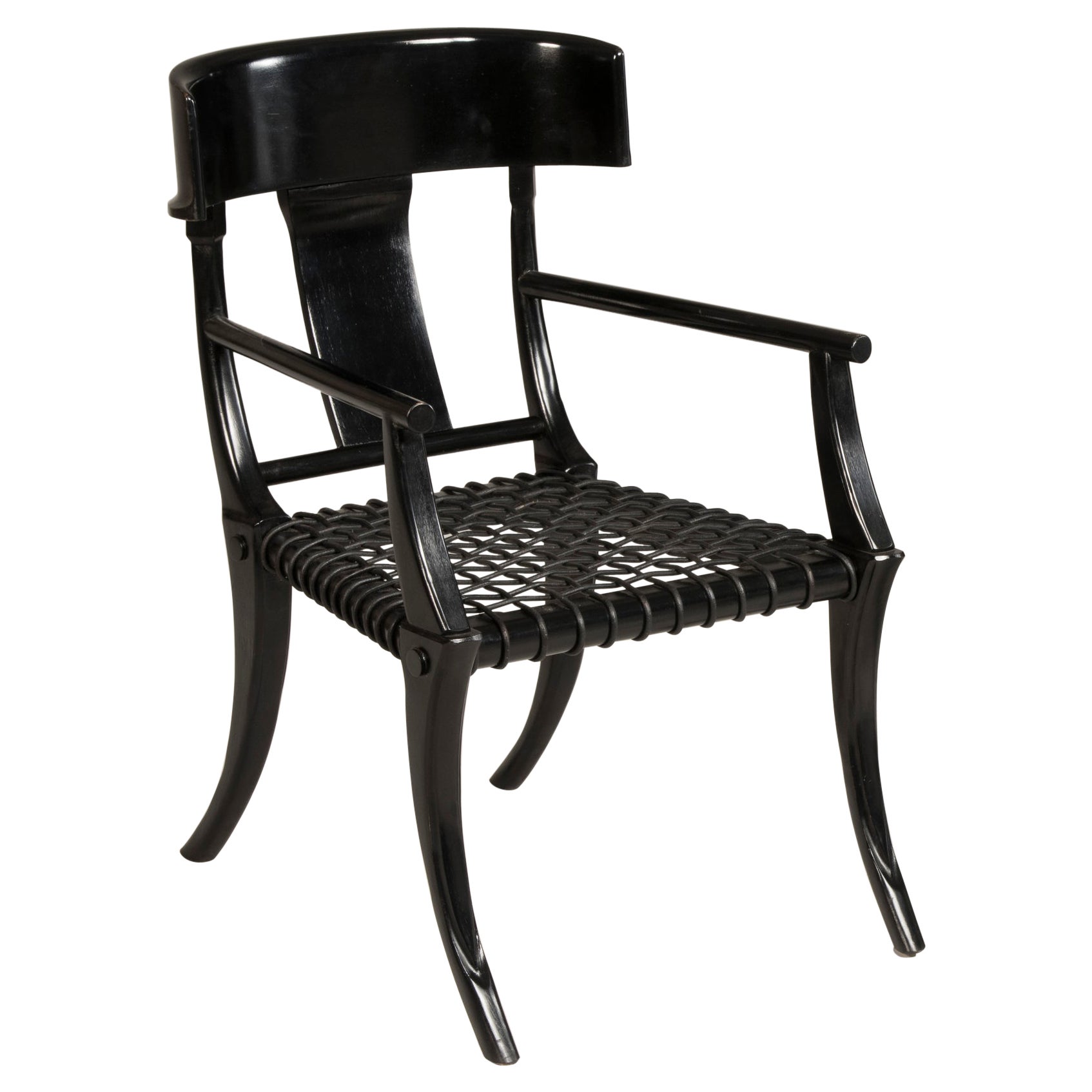 Sessel mit Säbelbeinen aus schwarzem gewebtem Leder und Holz in anpassbaren Farben und Polsterung