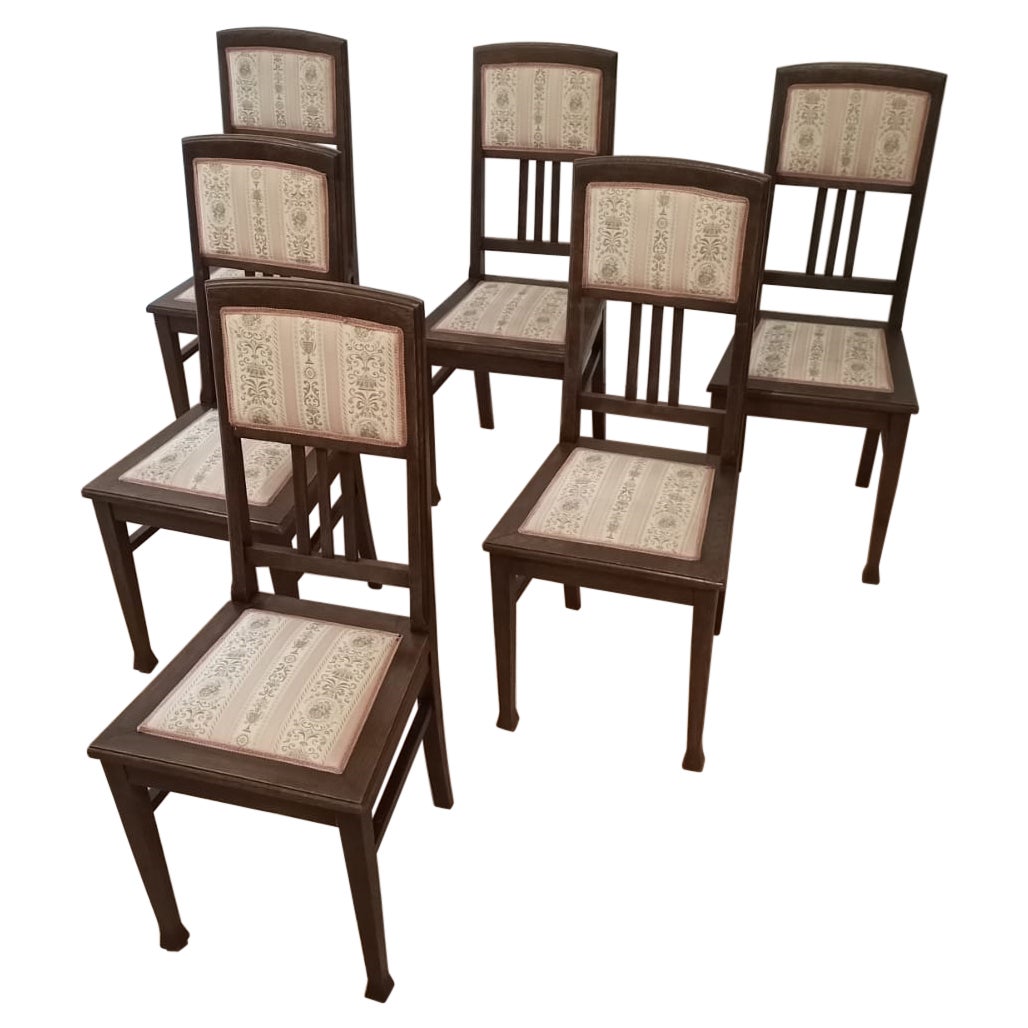 Vintage Oak Chairs, Set of 6 20th Century Classical Revivals Original Silk For Sale