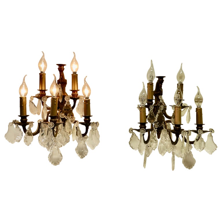 Pair of French Brass 5 Branch Wall Light, Chandeliers For Sale at 1stDibs