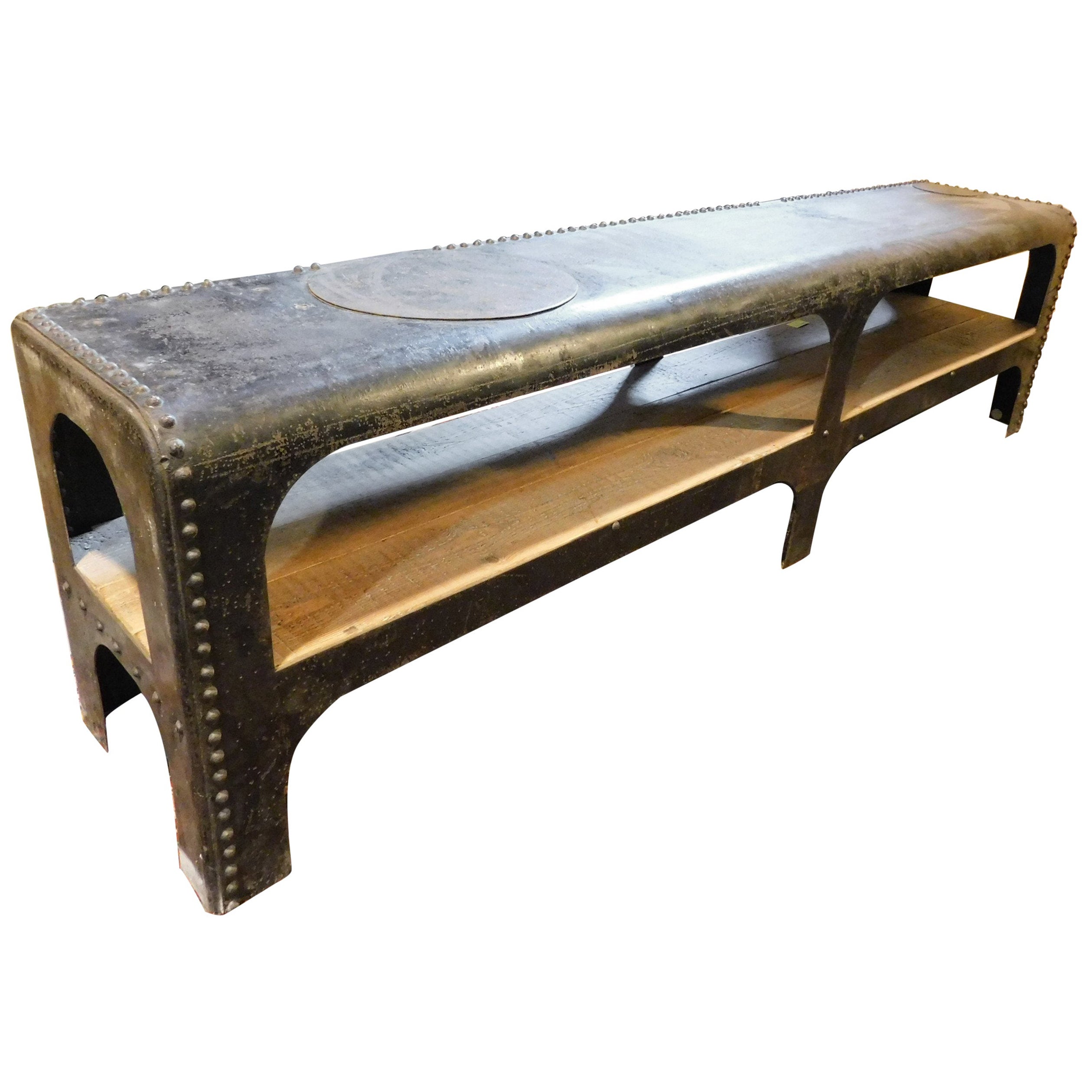 Vintage Industrial Bench in Iron and Wood, TV Stand, 20th Century Italy
