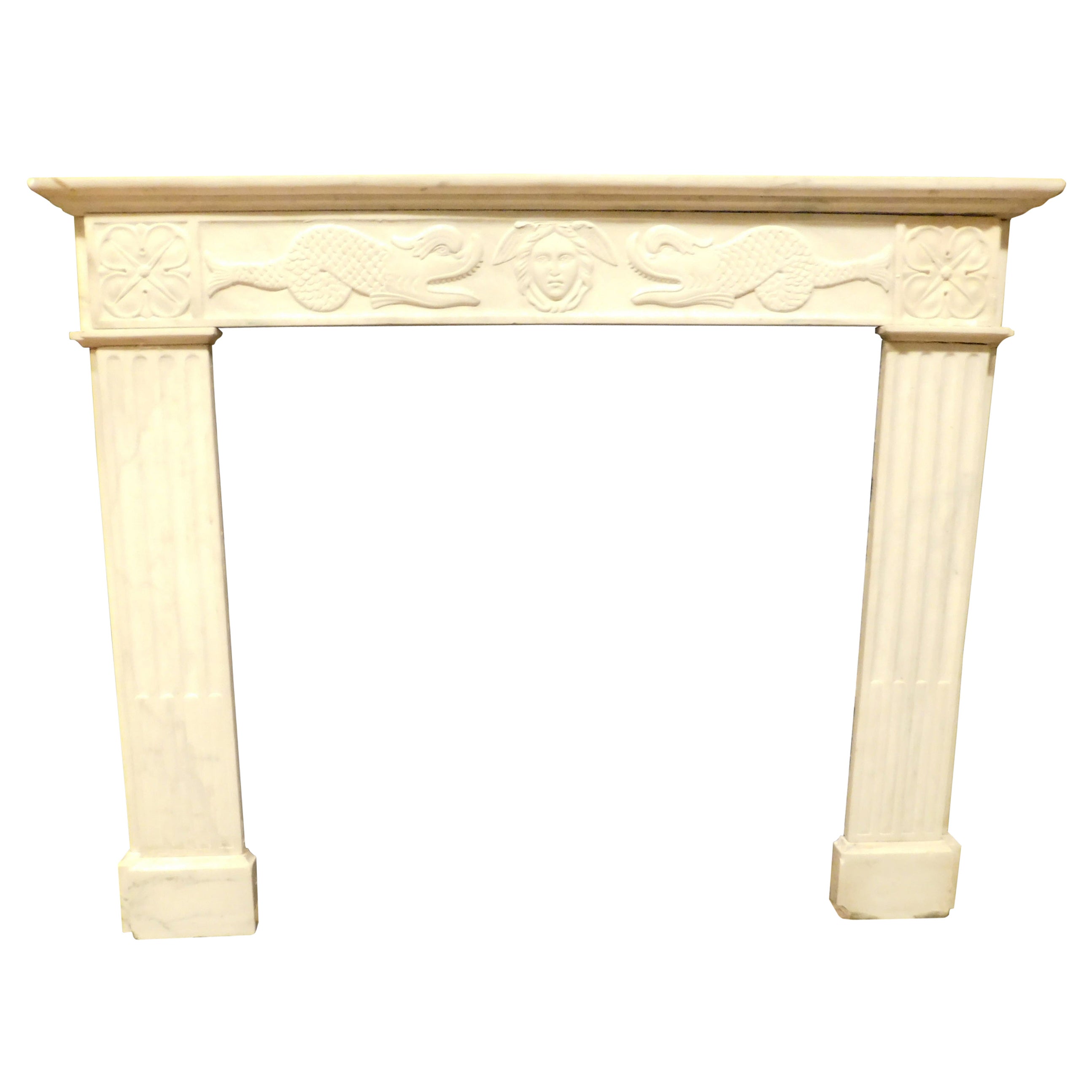 Mantel Fireplace in White Carrara Marble, 19th Century Italy