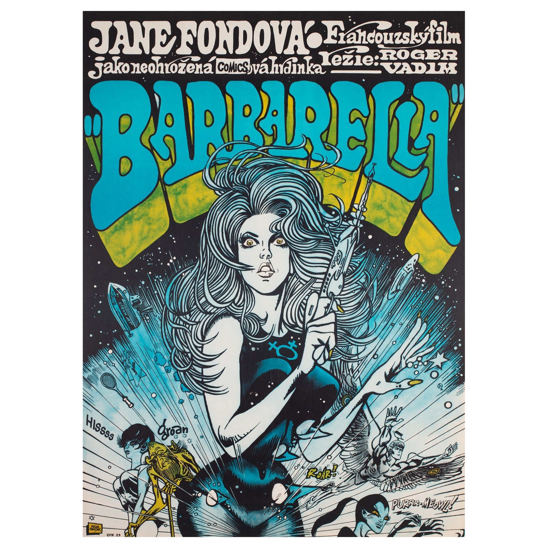 Affiche A1 tchèque d'origine du film Barbarella, Saudek, bleu, 1971