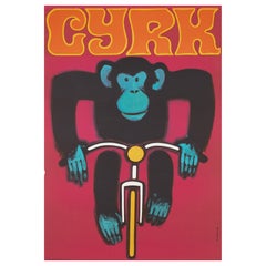 Cyrk Chimpanzee Cyclist 1968 Original Vintage Polish Circus Poster, Gorka, Red