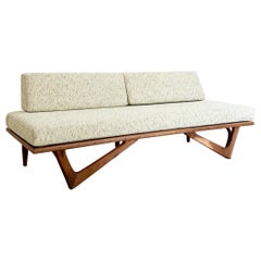 Modern Mid-Century Style Handmade Sculpted Walnut Platform Sofa Boomerang Legs