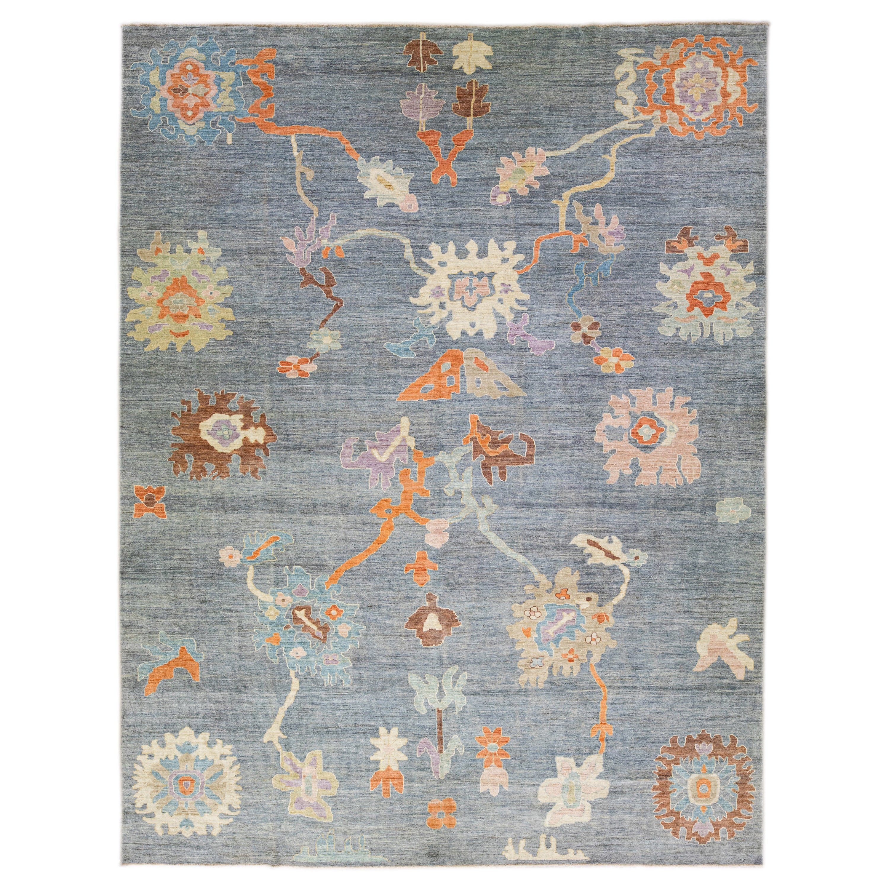 Blue Contemporary Oushak Handmade Floral Pattern Wool Rug