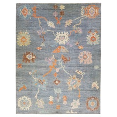 Tapis contemporain en laine bleu Oushak fait à la main à motifs floraux