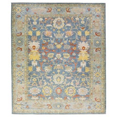 Blauer moderner Sultanabad handgefertigter Wollteppich mit Blumenmuster in Blau