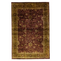 Alfombra vintage india Agra de lana burdeos hecha a mano con diseño integral