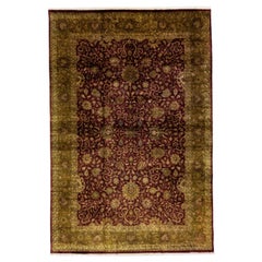 Tapis indien Agra vintage en laine bourgogne fait à la main avec motif sur toute sa surface