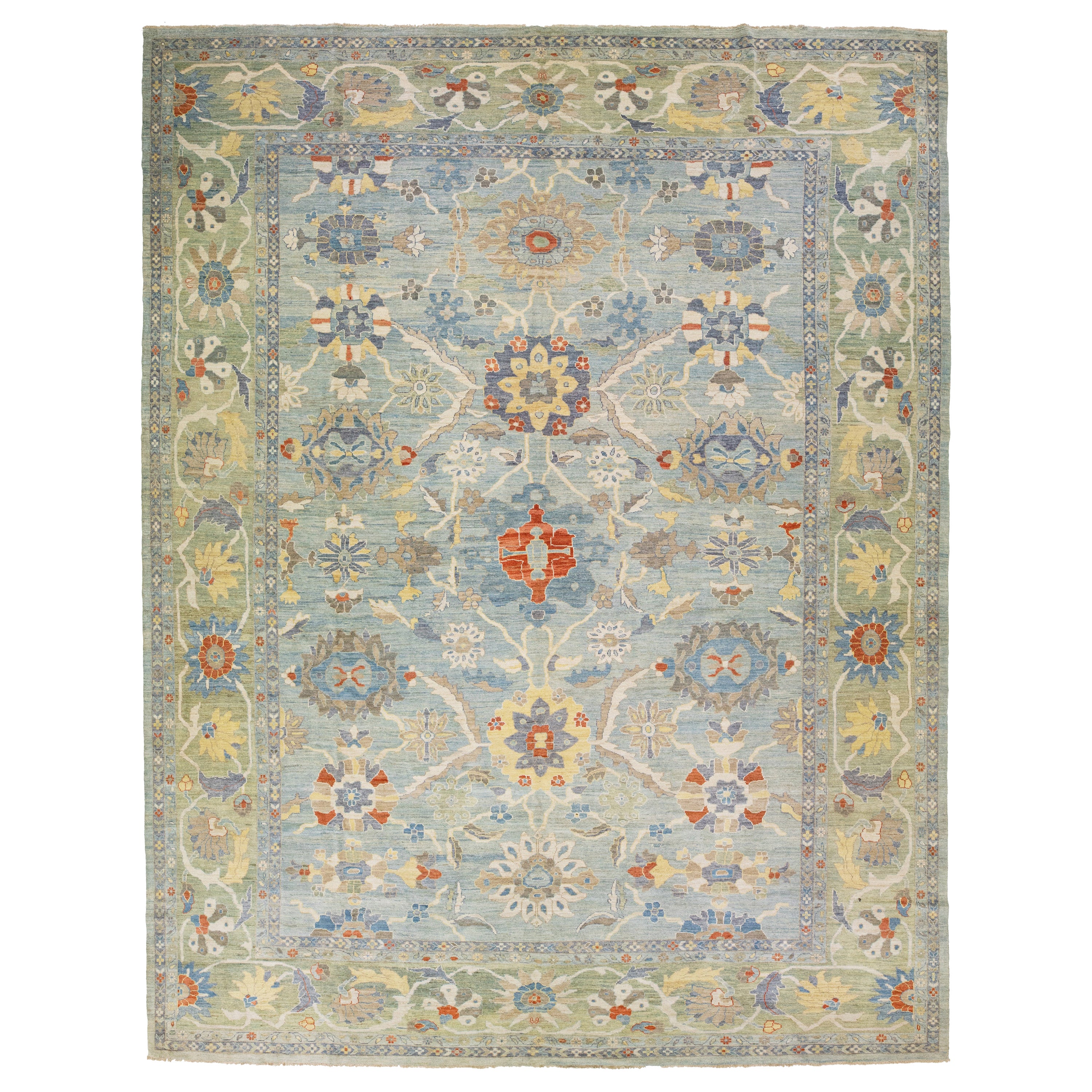 Contemporary Sultanabad Blue Handmade Floral Motif Wool Rug For Sale