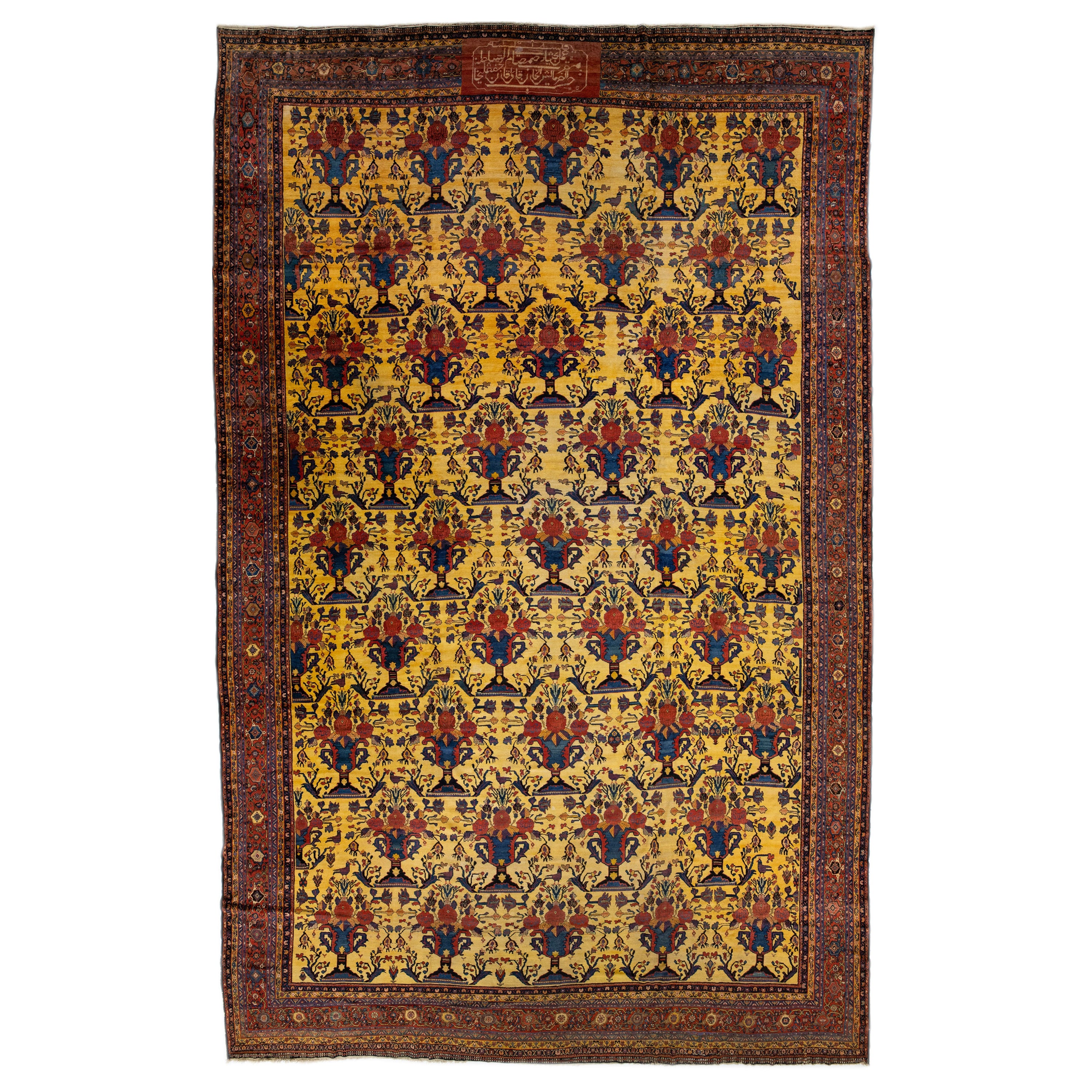 Oversize Antique Bakhtiari Persian Handmade Yellow Wool Rug with Allover Motif For Sale