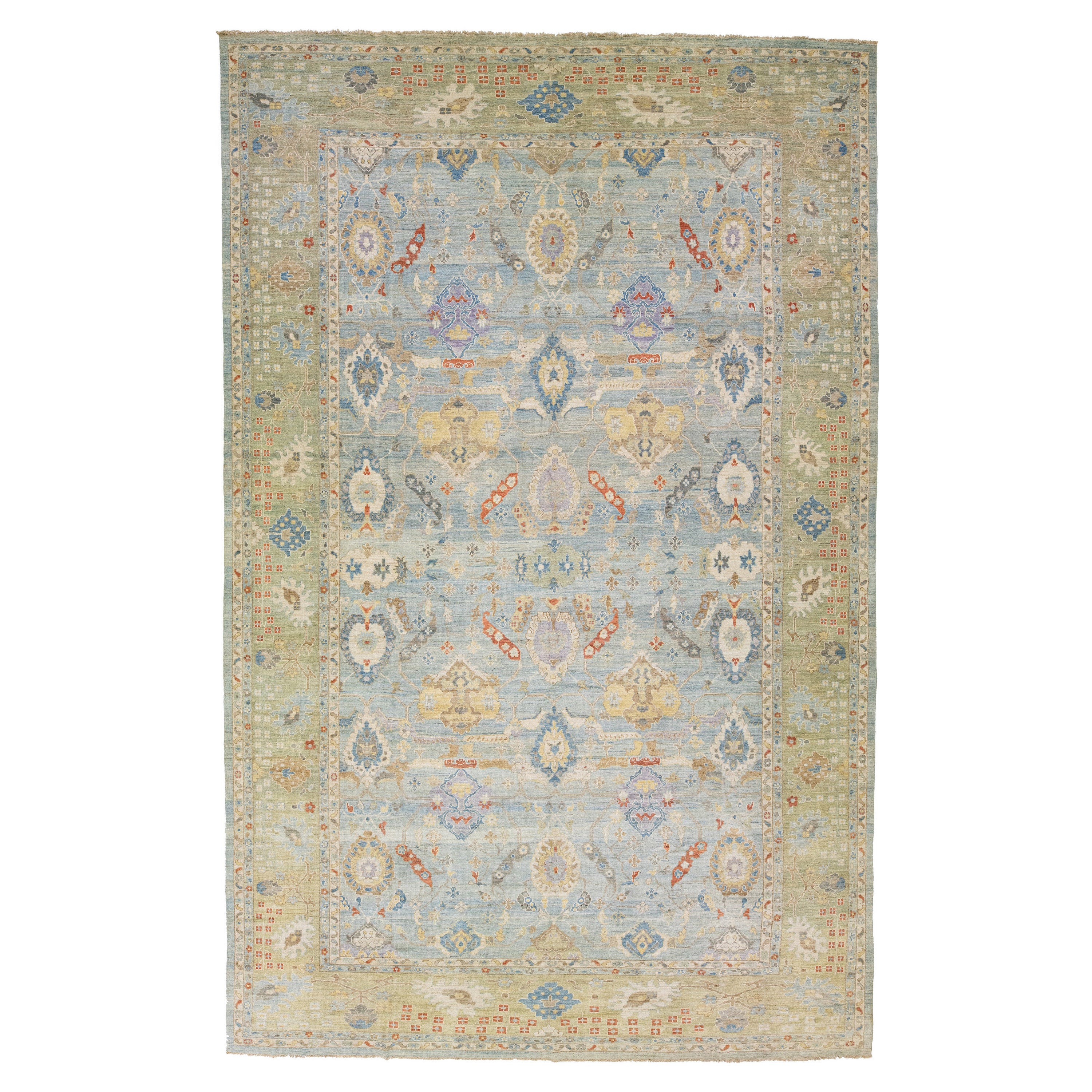 Contemporary Sultanabad Blue Handmade Floral Pattern Wool Rug