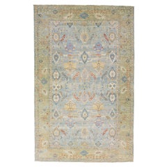 Contemporary Sultanabad Blue Handmade Floral Pattern Wool Rug
