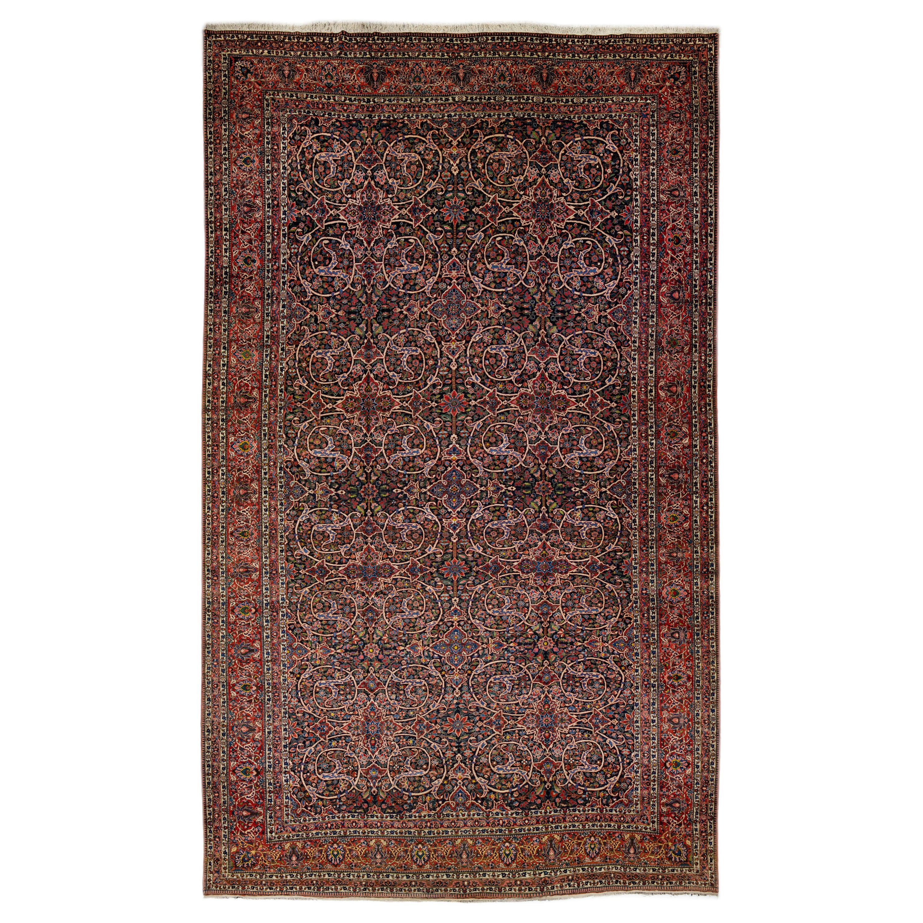 Antique Bakhtiari Persian Handmade Red & Blue Wool Rug With Floral Pattern For Sale