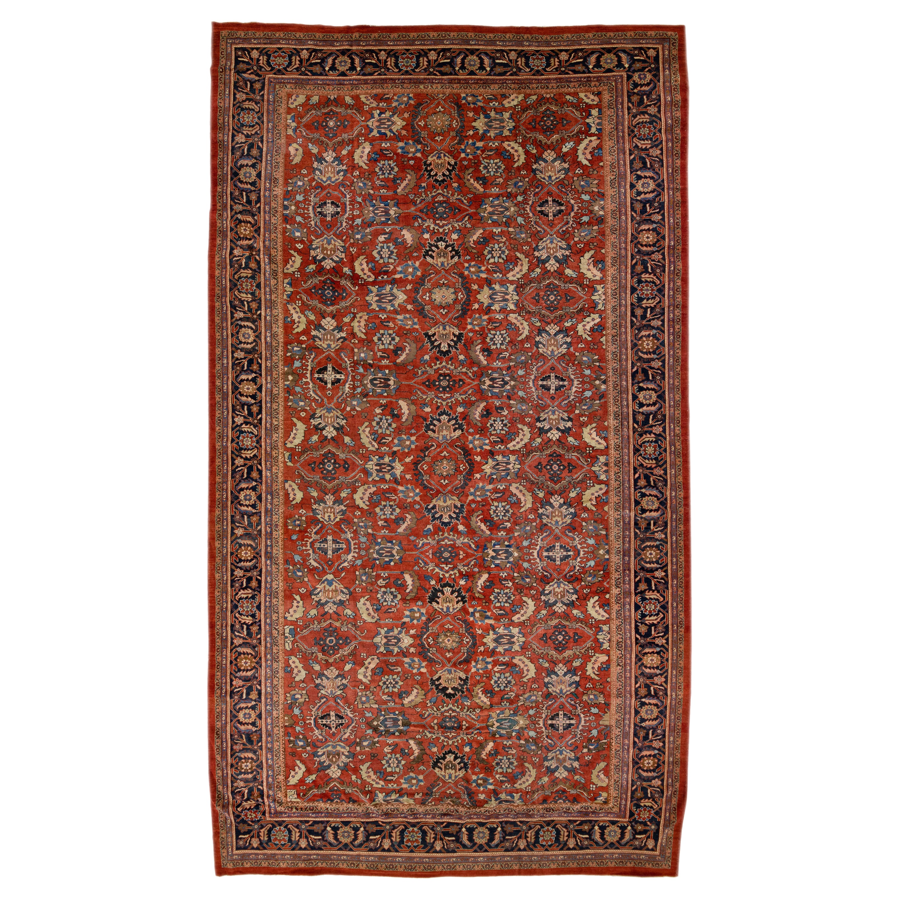 Red Antique Persian Mahal Handmade Floral Oversize Wool Rug For Sale