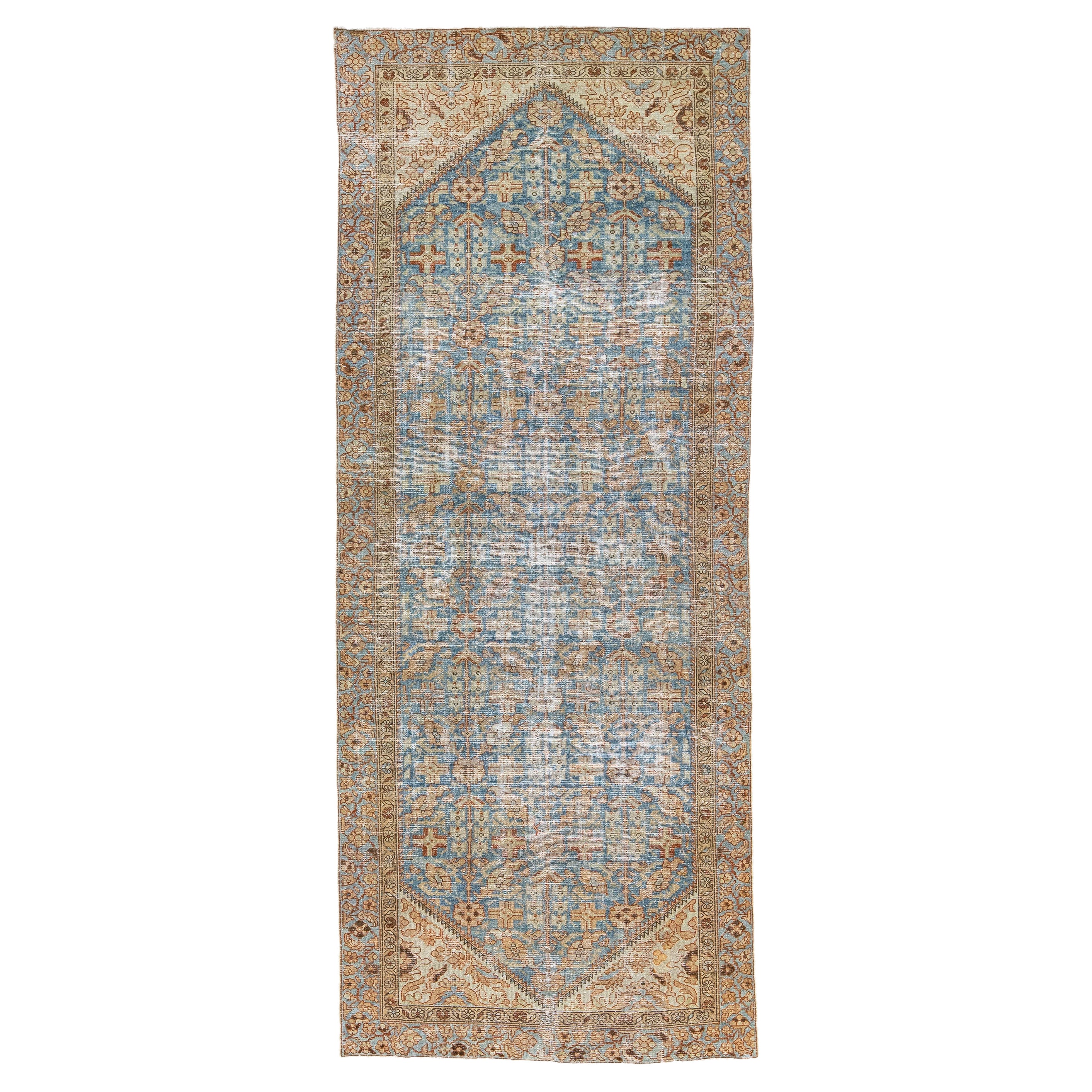 Antique Persian Malayer Handmade Allover Blue Wool Runner