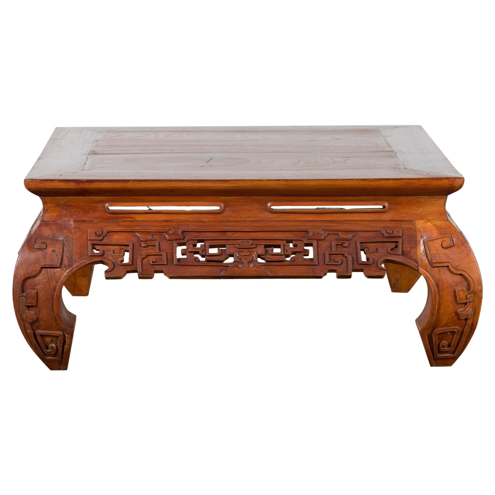 Small Vintage Indonesian Coffee Table with Scroll-Carved Apron and Chow Legs For Sale