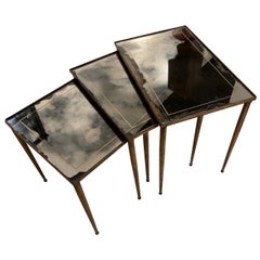 Fine Set of Gilt Metal and Mirror Nesting Tables by Maison Jansen, France, 1960