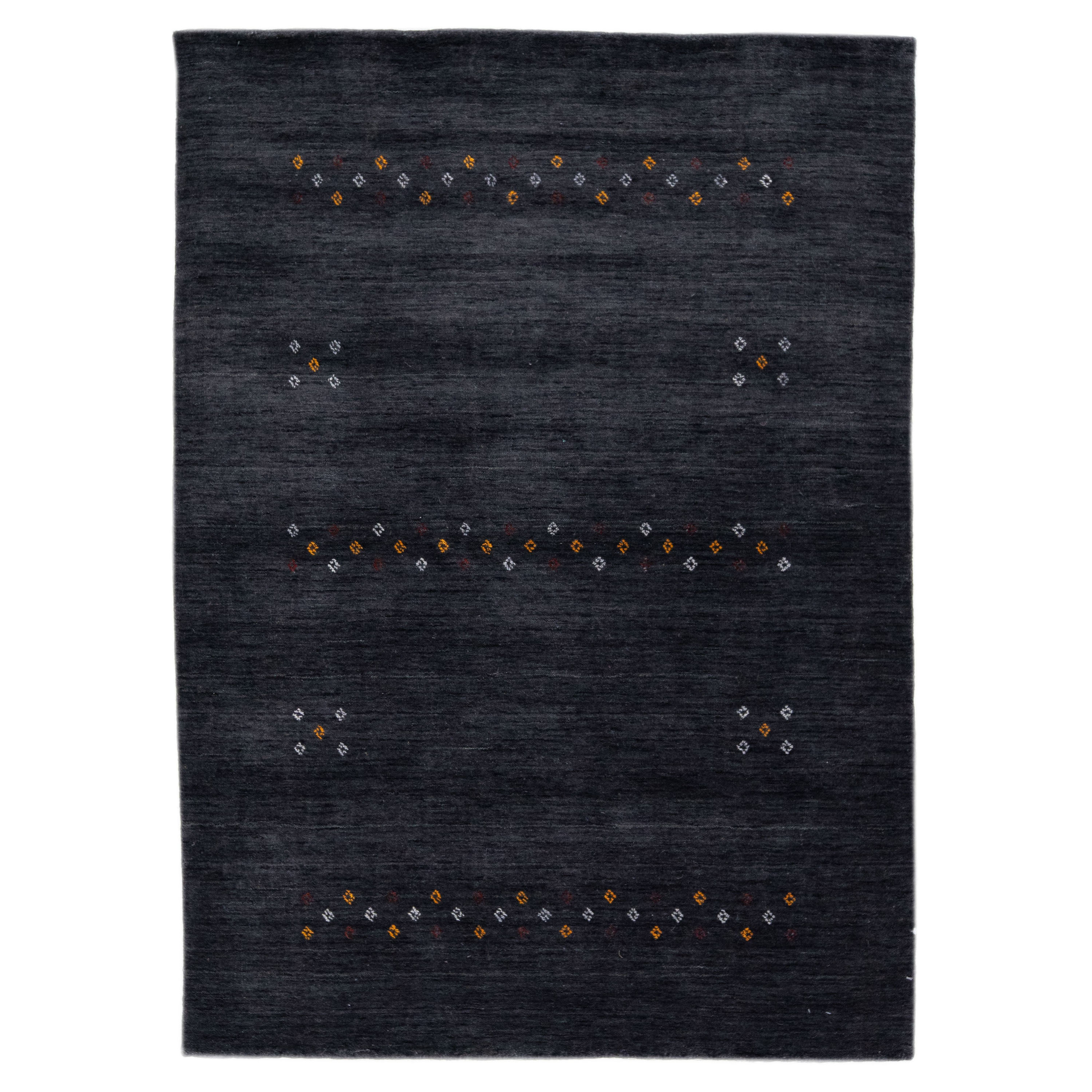 Modern Gabbeh Style Handmade Charcoal Wool Rug with Minimalist Design For Sale