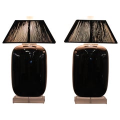 Monumental Black Ceramic and Lucite Table Lamps, 1990s