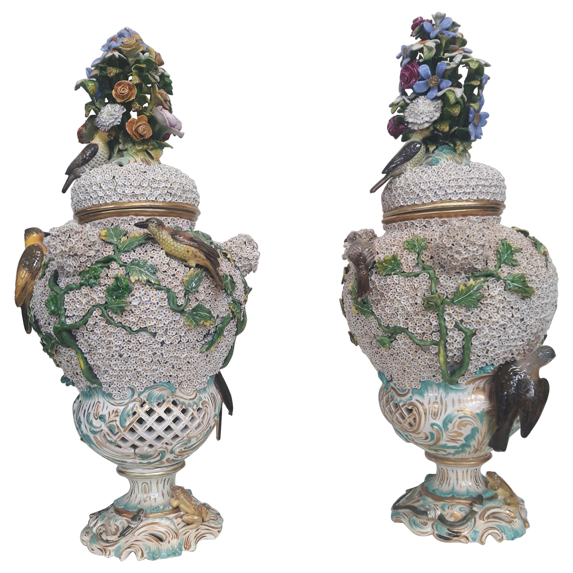 Pair of Meissen Style 'Schneeballers' Vases For Sale