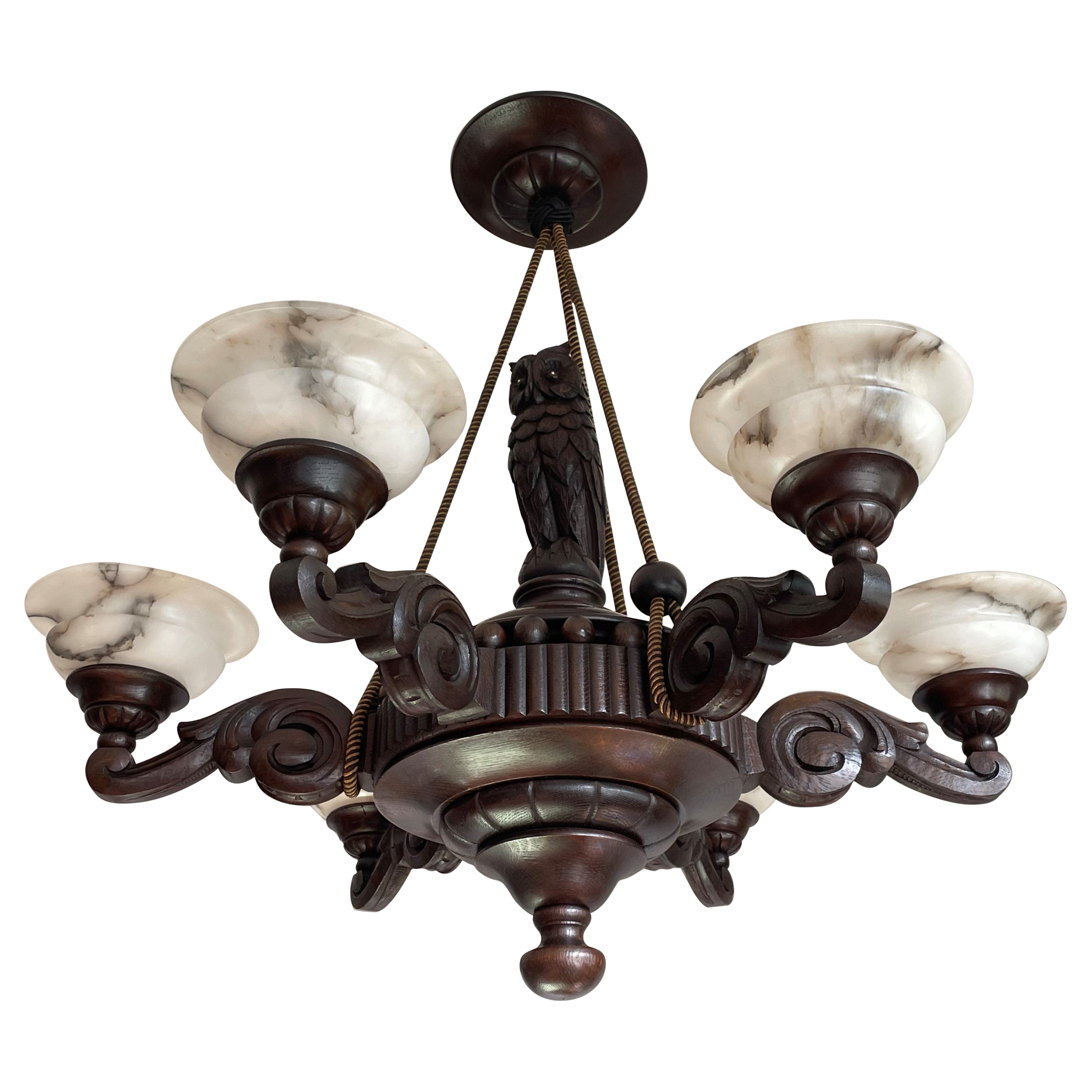 Arts & Crafts Chandelier with a Great Owl Sculpture & Perfect Alabaster Shades