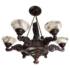 Arts & Crafts Chandelier with a Great Owl Sculpture & Perfect Alabaster Shades