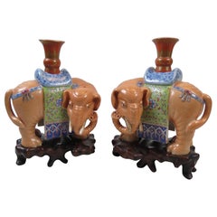 Antique Pair Chinese Qing Dynasty Famille Rose Porcelain Figural Elephant Candle Stands