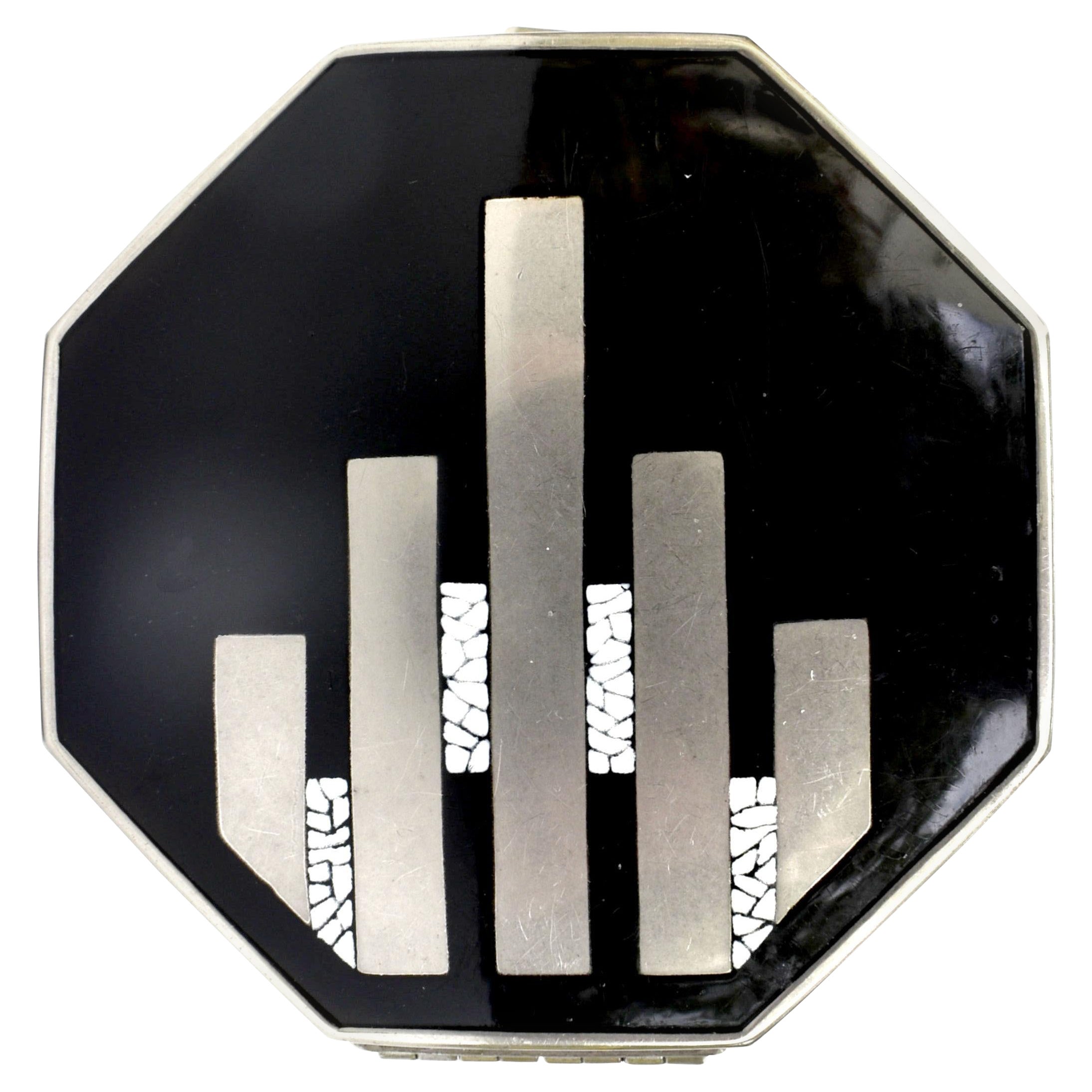 Art Deco Elizabeth Arden " Ardenette" Black And Silver Octagonal Powder Compact For Sale