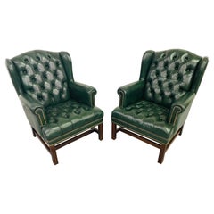Vintage Green Chesterfield Wingback Leather Arm Chairs