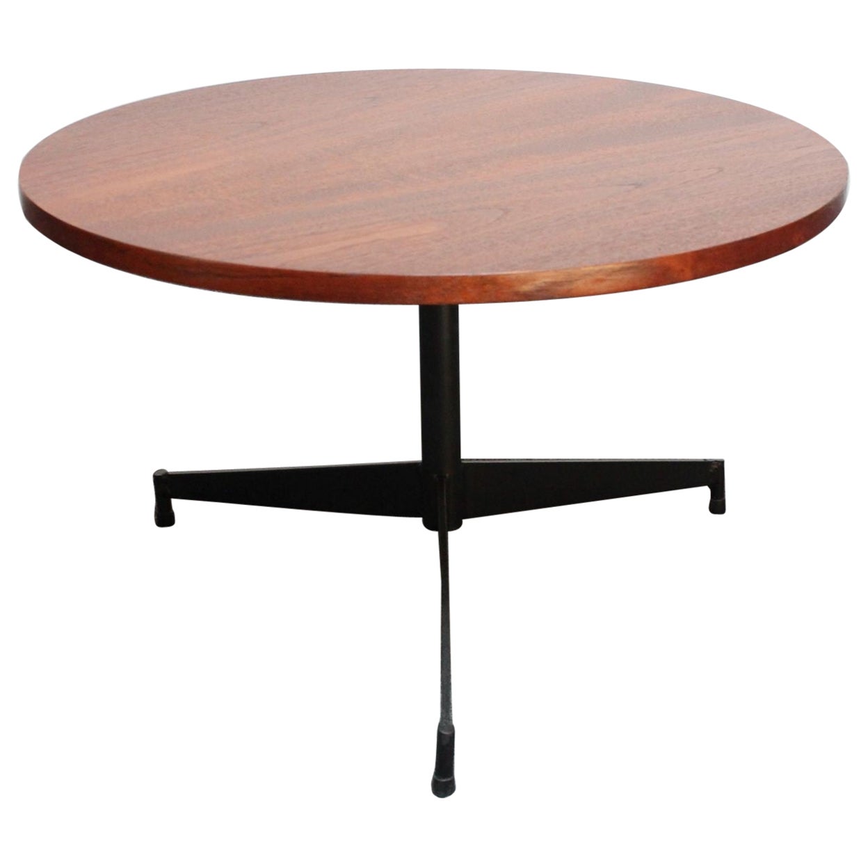 Mid-Century American Modern Round Walnut and Iron Tripod Accent Table