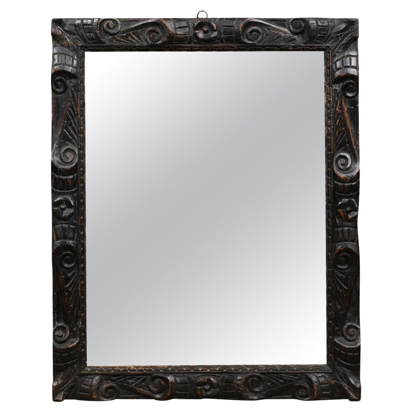 18th Century Italian Carved Ebonized Wood Rectangular Frame with Mirror