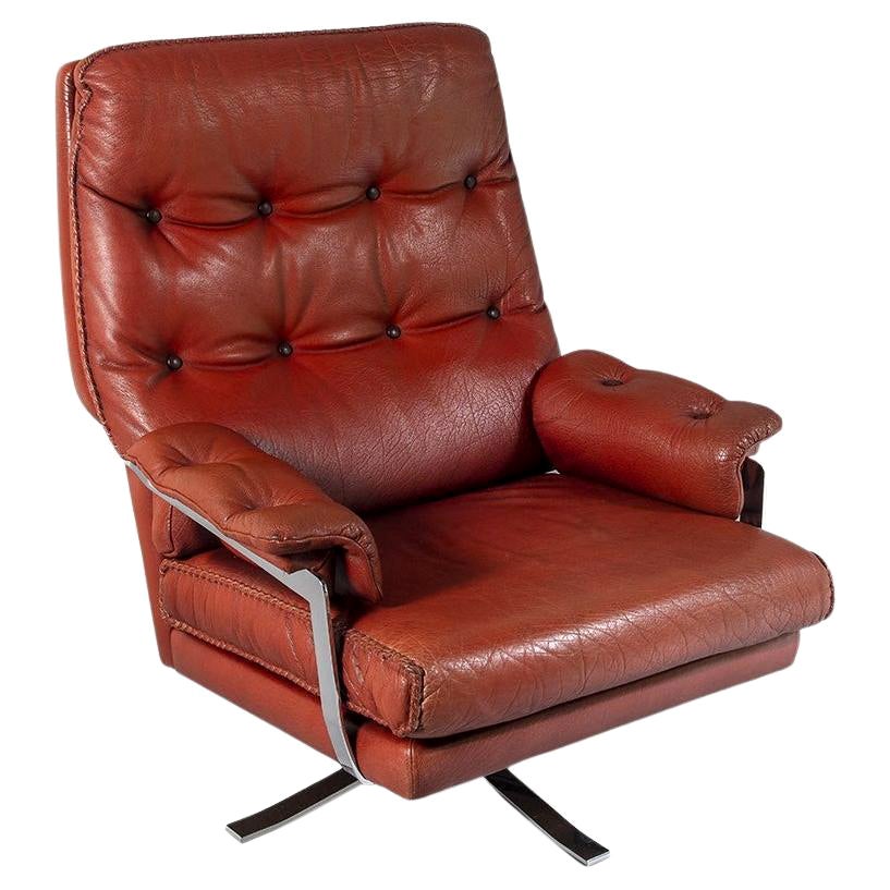 1960s Mid Centry Burnt Orange Brown Leather Swivel Chair in style of Arne Norell For Sale