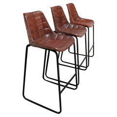 Set of Three Vintage Italian Steel and Iron Barstools with Leatherette Seats