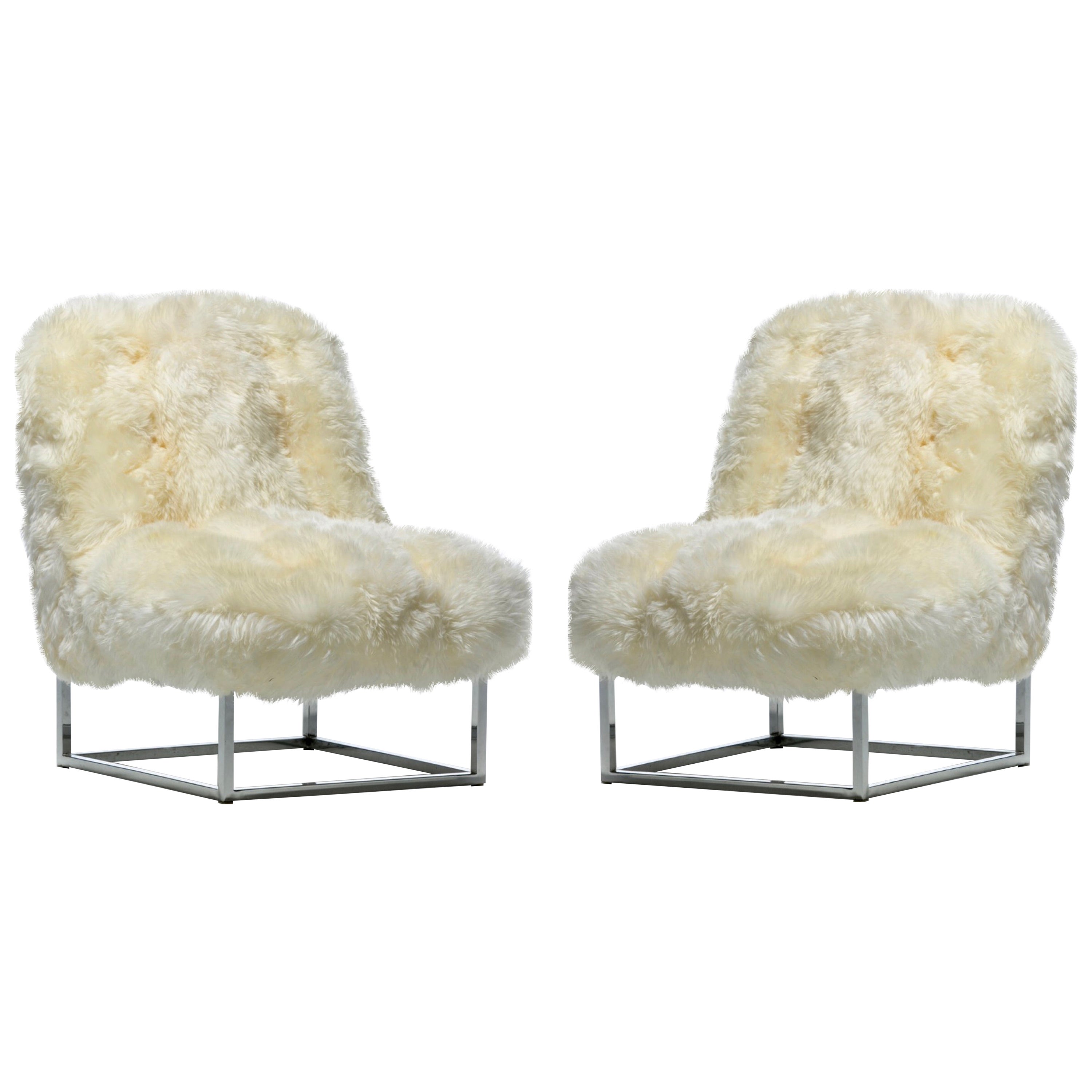 Pair of Milo Baughman Style Sheepskin & Chrome Slipper Chairs c. 1970s